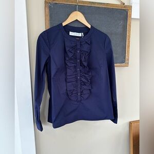 Vera Fishbaugh Women’s Cotton Ruffled blouse Navy Size Small